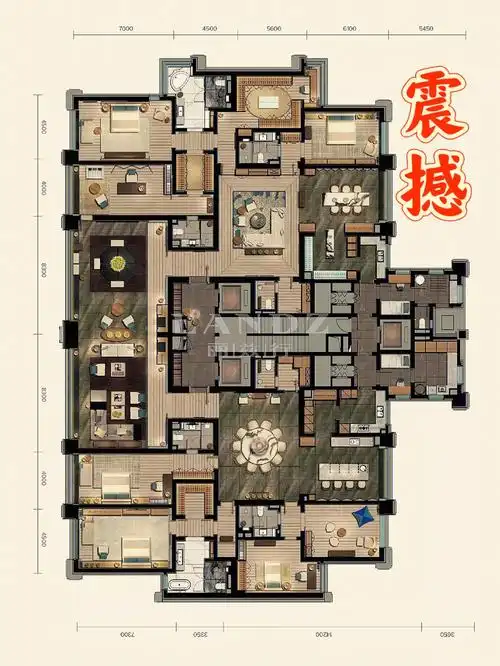 44%户型特点1,七房四厅六卫,配备双工人套件,更多套房的设计,特别适合