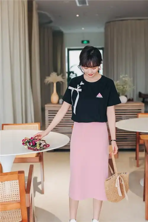 实价模特实拍 2021新款夏装刺绣西瓜绑带蝴蝶结短袖t恤