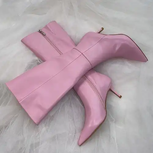 粉色牛皮尖头女靴尖头细跟侧拉链不过膝靴时装真皮长靴2021秋冬款