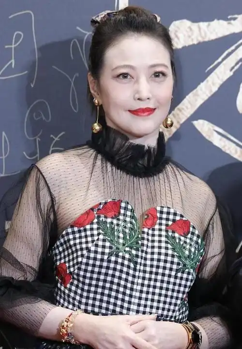 53岁周海媚也老了,格纹透视纱裙优雅大气,未修图皱纹太明显