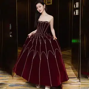 宋轶明星同款晚礼服酒红色新娘结婚敬酒服公司宴会法式复古主持裙