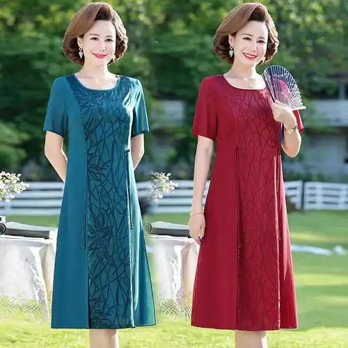 美帛时尚中年女装夏装短袖连衣裙中老年夏季洋气纯色裙子