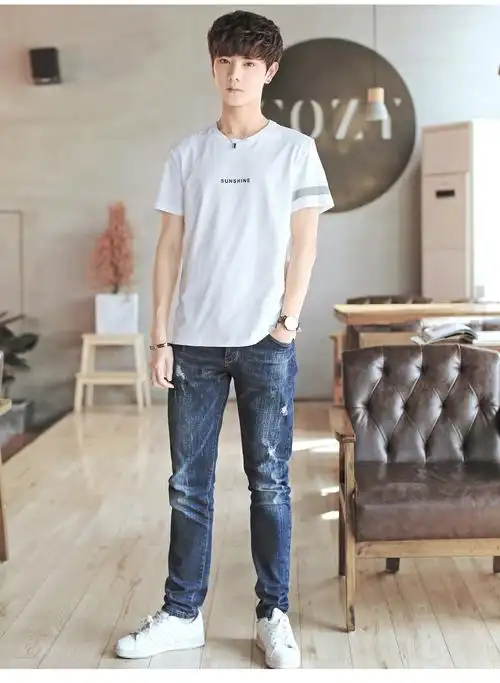 夏装男士短袖t恤潮流男装衣服韩版男生半袖体恤白色圆领修身上衣g.