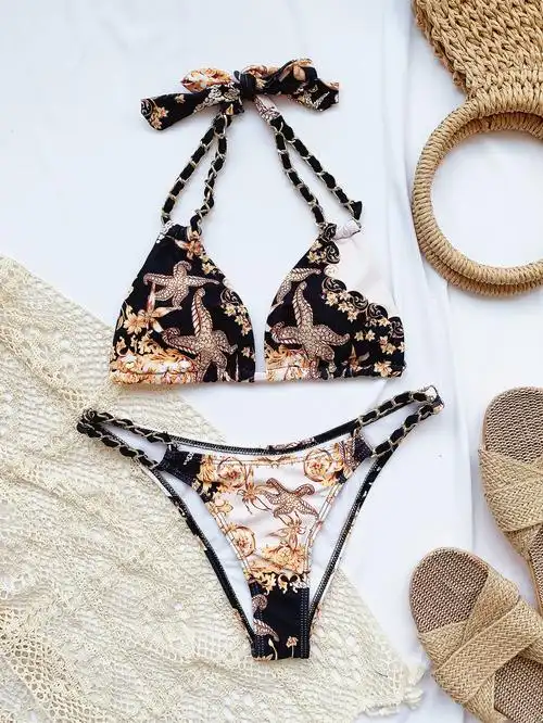 欧美三角分体泳衣印花大码比基尼性感三点式bikini比基尼