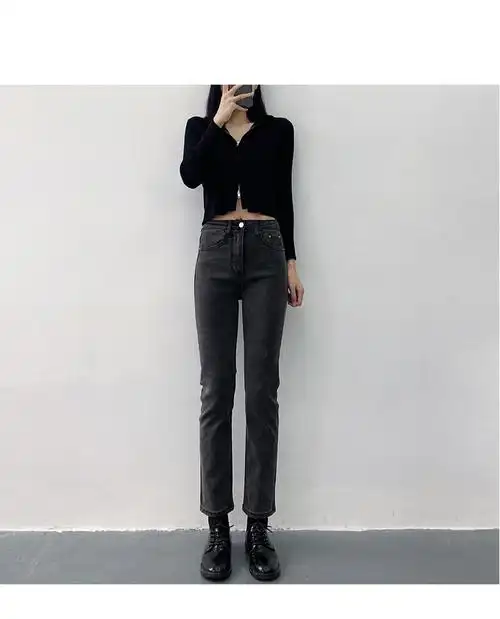 2021年秋冬季新款烟灰色高腰显瘦显高烟管裤修身小脚直筒牛仔裤女_诗