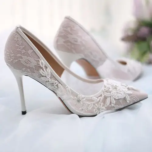 youlapan a04美丽的白色蕾丝新娘鞋,纱布刺绣高跟鞋婚礼配件