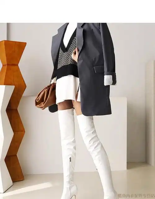 大码超高跟细跟防水台漆皮过膝长筒靴钢管舞情趣女靴 白色 34【图片