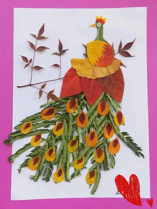 树叶粘贴画,孩子的幼儿园亲子作业. - 抖音