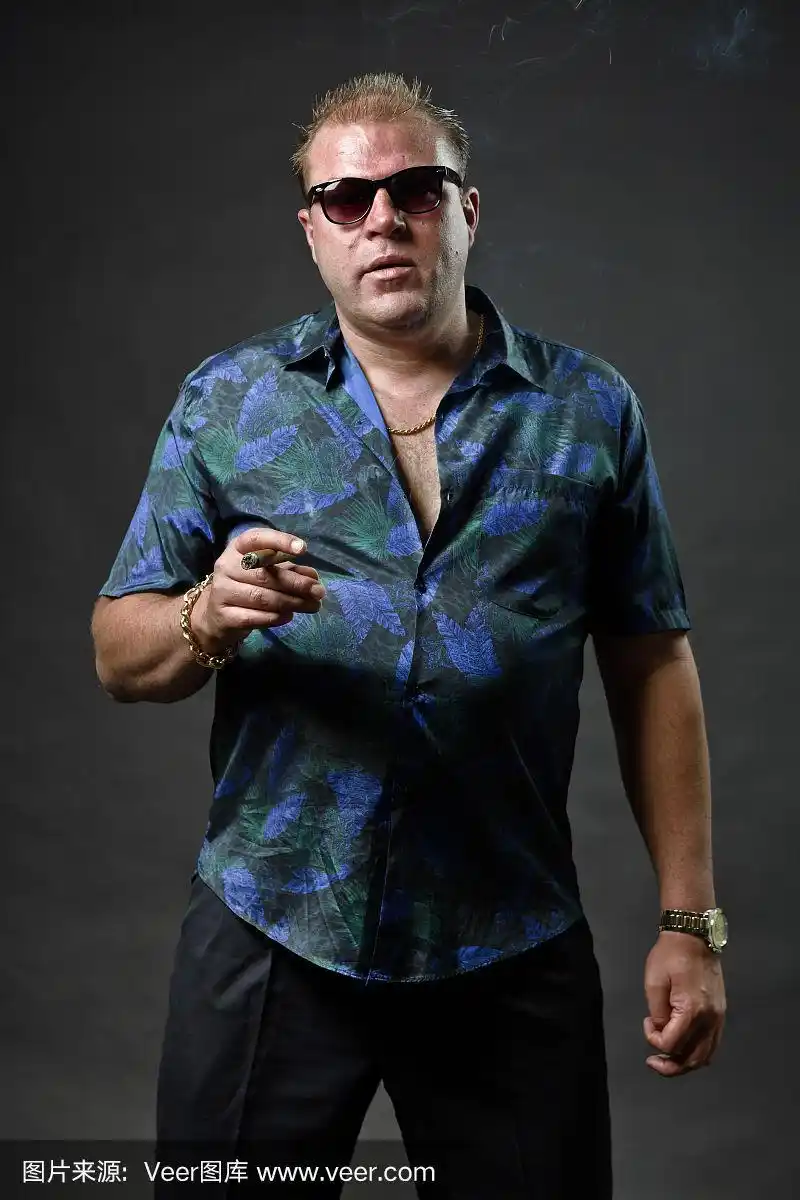 穿着休闲装,吸着雪茄,戴着太阳镜的黑帮男子.