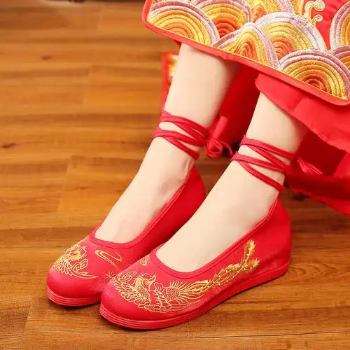 秀禾鞋女中式新娘红色流苏婚鞋配秀禾服鞋子布鞋