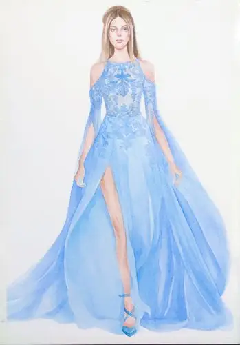 蓝色手绘礼服(过程图)-服装画/服装设计手稿 - 穿针引线服装论坛