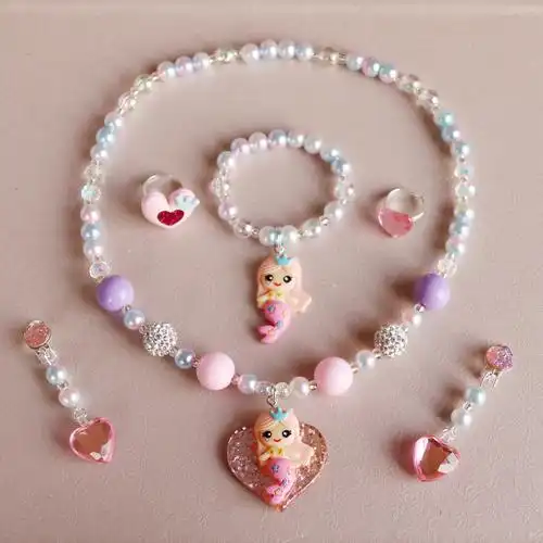 韩国女童儿童宝宝女孩首饰美人鱼公主珍珠项链套装生日节日礼物