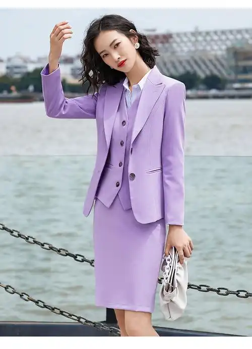秦菲 浅紫色职业套装女2020年韩版时尚气质女神范商务小西装女年会