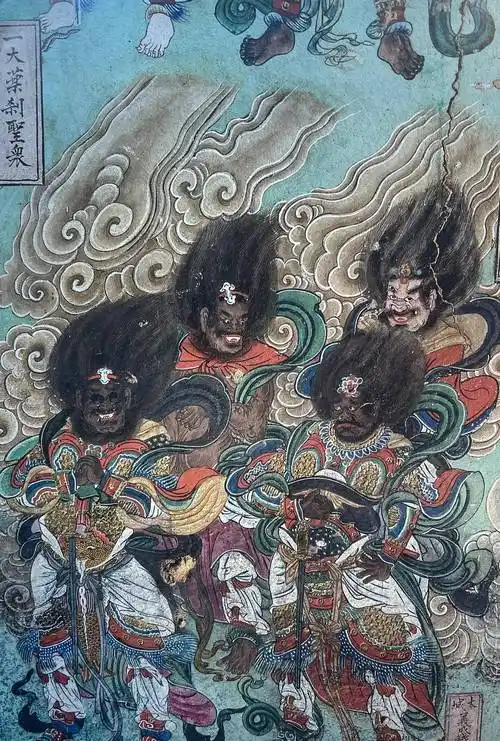 清代壁画,比较符合佛教中的夜叉原貌在印度神话里,夜叉是半神的小神灵