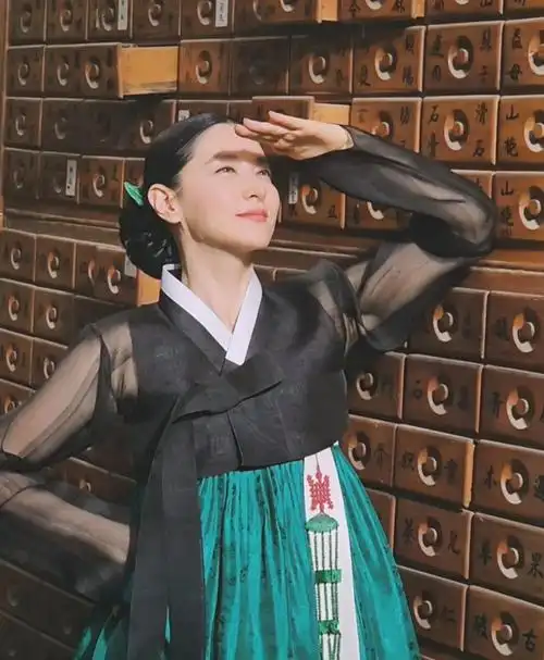 李英爱穿着韩服拍摄广告,展现端庄魅力,花托姿势,可爱满分