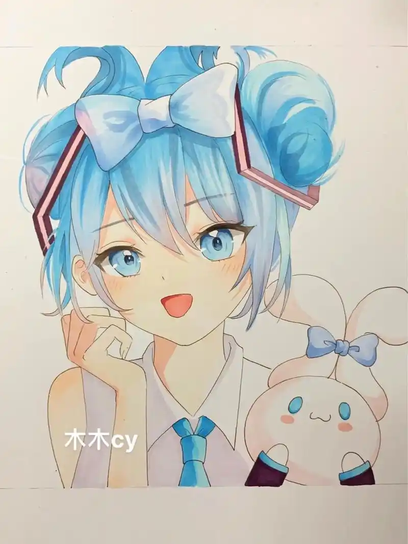 动漫人物初音(附线稿)#画画 #二次元 #一起学画画 #初音 - 抖音