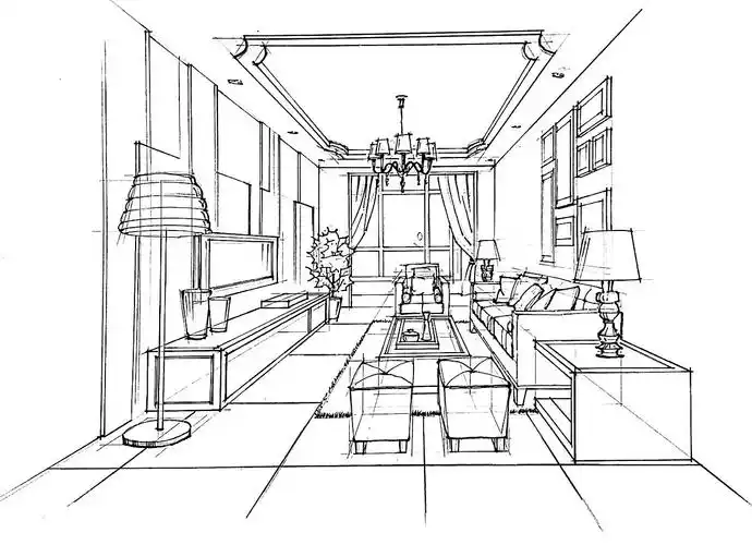 客厅空间一点透视黑白效果绘制步骤图._一叶手绘-站酷zcool