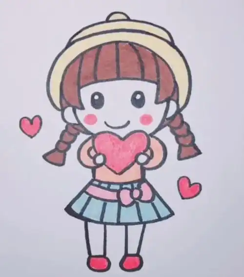 手捧着爱心的小女孩简笔画