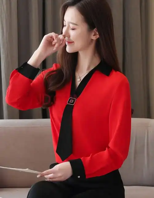 璐依蝶影红色领带衬衫女长袖2020春装新款潮流设计感时尚洋气雪纺衬衣