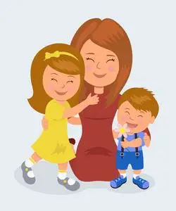 母亲跪抱着她的女儿和儿子.母亲对孩子的爱的概念照片