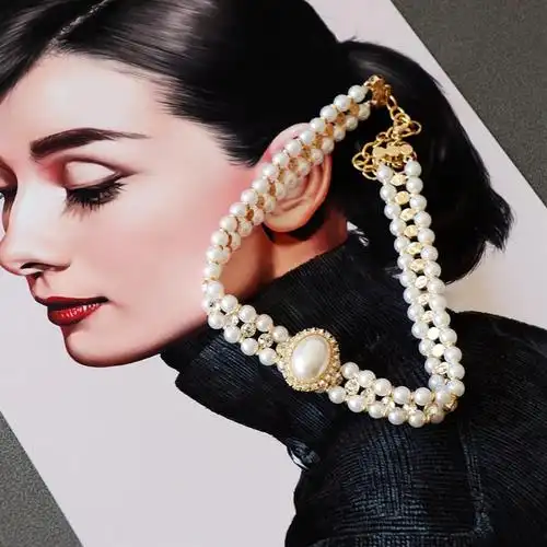 复古珍珠项链白色黑色赫本风仿珍珠项链耳钉套装旗袍礼服