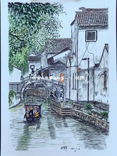 古镇夏天钢笔画风景
