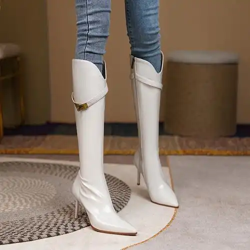 气质高跟高筒骑士靴女春秋新款细跟白色尖头长靴不过膝长筒靴真皮