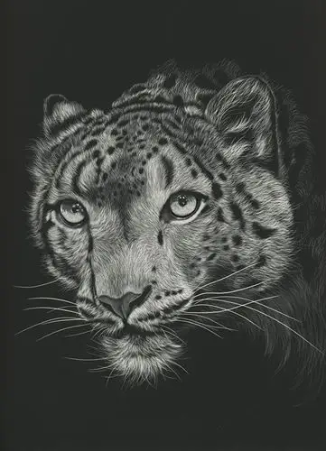 豹亚科,雪豹,绘制壁纸,头,黑色背景,感觉毛,黑白,吻部,动物,照片