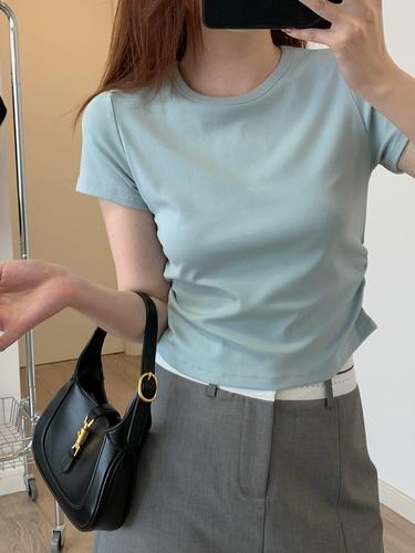 圆领短袖t恤女夏季新腰部抽褶设计感短款上衣基础百搭修身打底衫