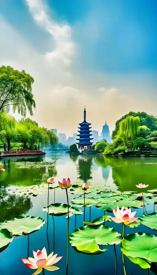 好山好水好风景.西湖美景醉心独饮, 山水间蓝天白云交映. 雷 - 抖音