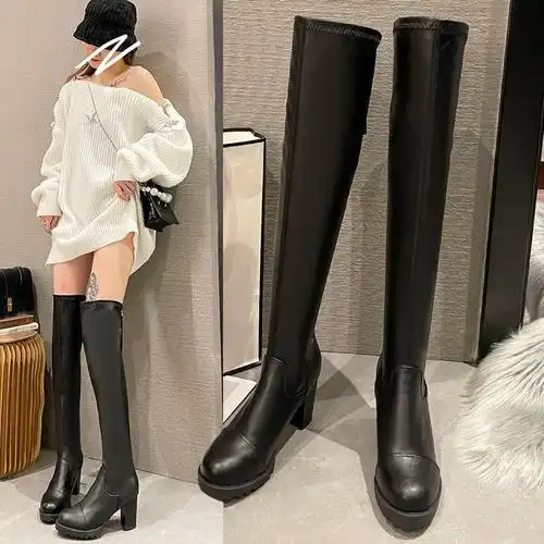 2023年秋冬新款粗跟过膝弹力高筒靴瘦瘦靴厚底骑士靴长筒靴女靴