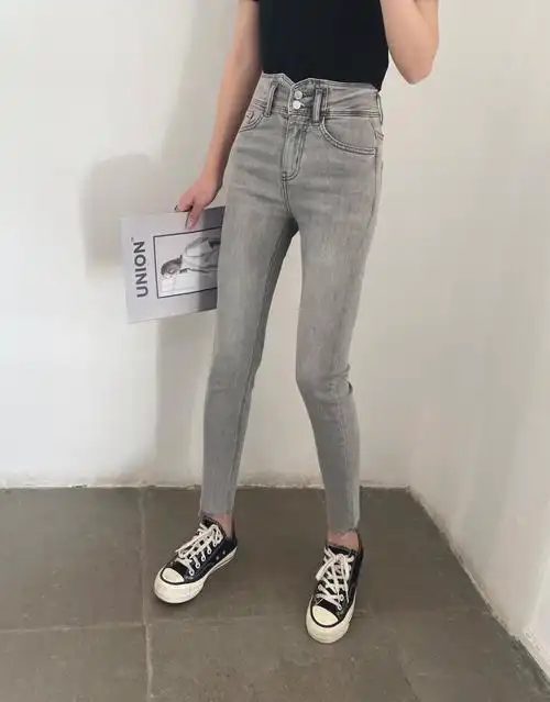 uu28086浅灰灰色牛仔裤2021春季新款高腰紧身显瘦牛仔裤