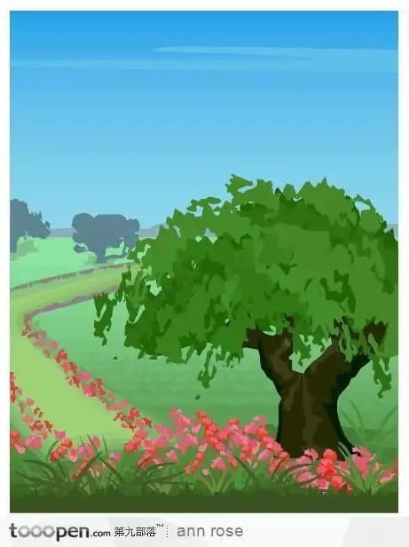 大树下的花丛插画素材