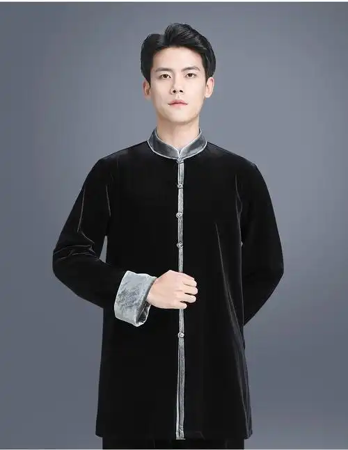 山人运动金丝绒太极服男士秋冬新款武术服练功服太极拳服装表演服黑色