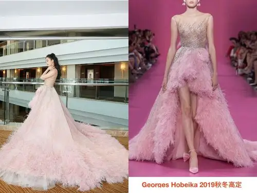 杨幂粉色羽毛礼裙