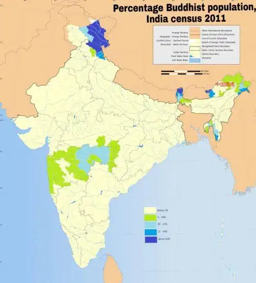 目前印度佛教徒分布,比例最高为拉达克,锡金地区,中部那一大块绿的,则