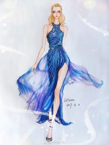 蓝色轻薄纱质彩铅礼服时装效果图手绘教程步骤彩铅上色效果画法