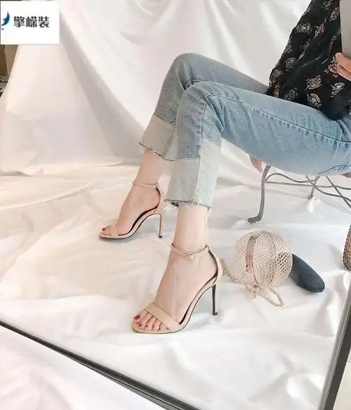 真皮一字带扣凉鞋女2021新款春夏百搭黑色网红仙女风高跟鞋女细跟擎嵘