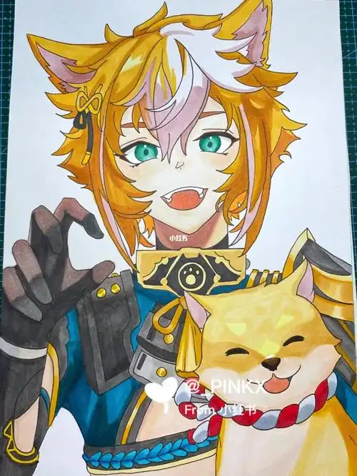 马克笔手绘动漫人物男生二次元原神五郎