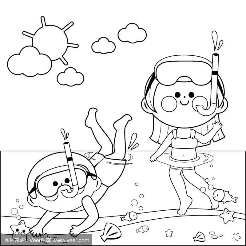 戴着潜水面罩的孩子们在海里游泳.黑白涂色书页