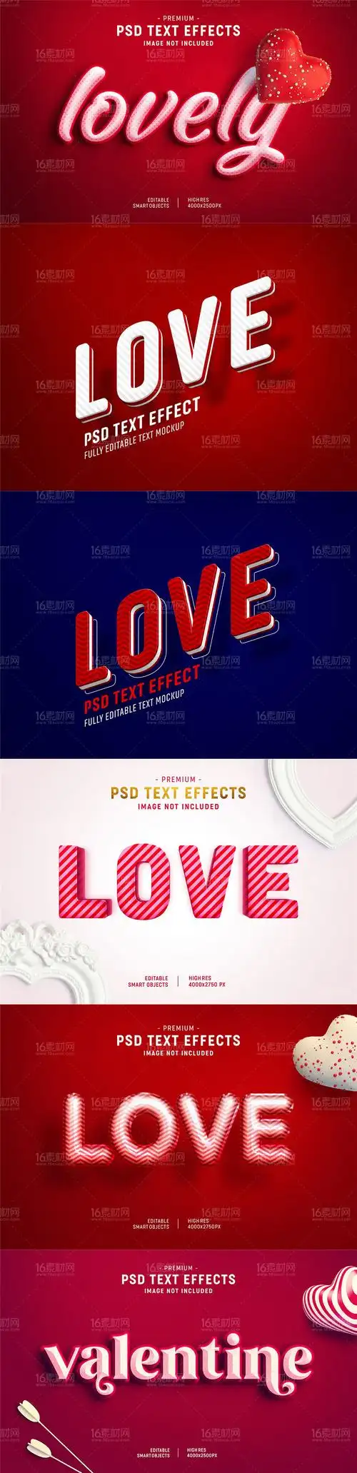 6款红色调情人节主题字体样式psd分层素材