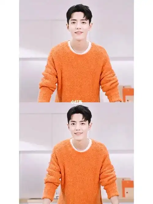 肖战  身穿#galliano landor  2020fw橙色羊驼毛毛衣搭配2020fw绿色