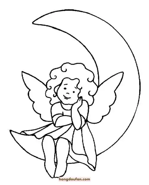 10张梦境中的月亮和可爱小天使卡通儿童填色图片-红豆饭小学生简笔画