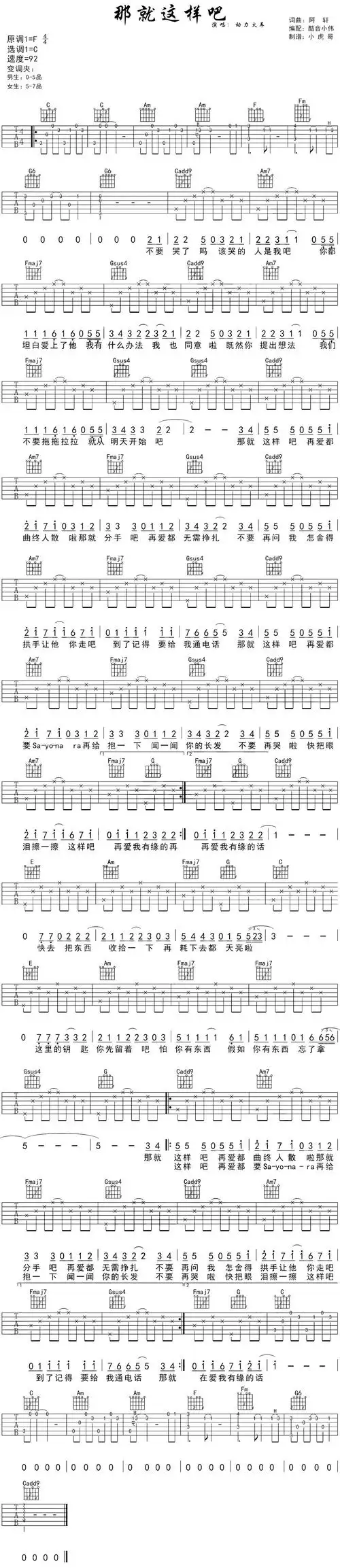 动力火车《那就这样吧》吉他谱_c调和弦指法_高清六线图片谱_酷音小伟