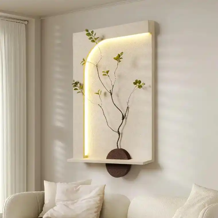 侘寂风客厅装饰画绿植沙发背景墙壁画极简砂岩氛围感带灯玄关挂画