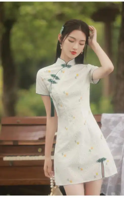 小个子旗袍年新款改良复古气质优雅年轻款少女短款连衣裙夏季素净雅致