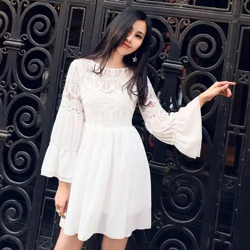 喇叭袖水溶蕾丝连衣裙秋2017新款韩版拼接中长款高腰长袖雪纺裙女