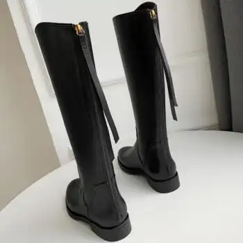 aty轻奢全皮冬季小个子高筒靴女不过膝长靴平底真皮长筒流苏后拉链