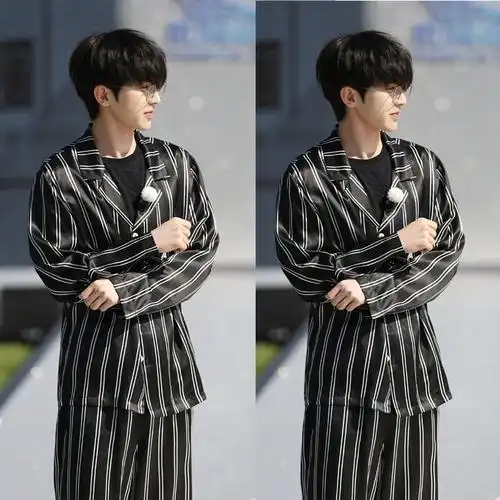 奔跑吧蔡徐坤同黑白条纹衬衫睡衣套装韩版潮流睡衣