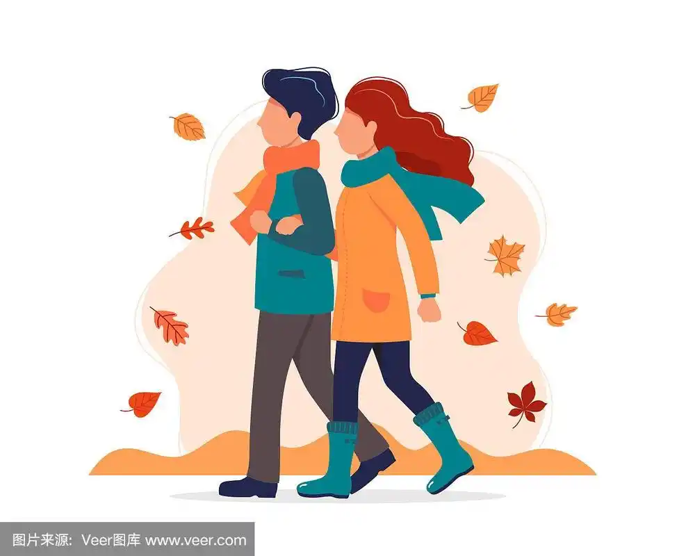 一对情侣在秋天散步.矢量插图在平面风格